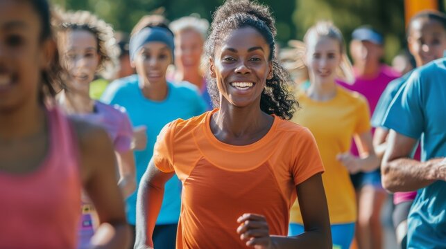 Diverse group participating in a vibrant fundraiser walk/run in a scenic park, wearing colorful athletic wear and interacting joyfully. emphasizing community spirit and health awareness