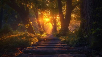 A serene forest path illuminated by golden sunlight breaking through trees, creating a peaceful and enchanting atmosphere.