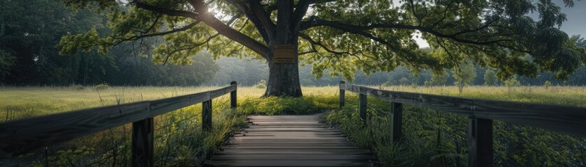 A picturesque wooden pathway leads to a large tree bathed in sunlight, surrounded by a tranquil meadow under a clear sky.