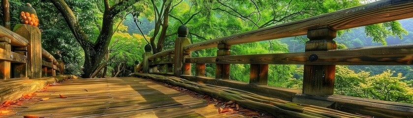 Scenic wooden pathway through lush green forest with vibrant foliage and sunlight filtering through trees, perfect for nature and travel themes.