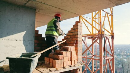 Construction Worker Building Brick Wall, A construction worker wearing a red hard hat and yellow safety vest is building a brick wall on a construction site
