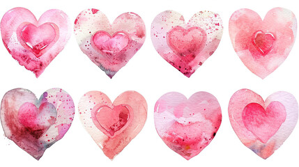 Set of hand-painted watercolor pink heart isolated on white background