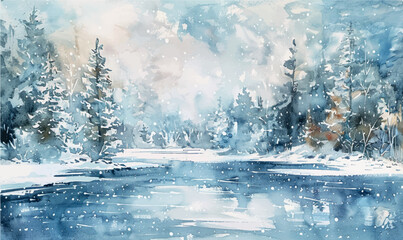 Minimalistic winter panoramic landscape with copy space, vector watercolor style. Vector illustration