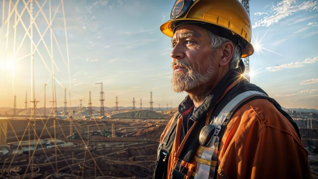 In the image, there is a elderly miner wearing a hard hat and reflective clothing, standing in front of a mining site.