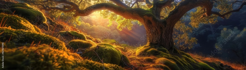 Poster Sunbeams filtering through an ancient oak tree in an enchanted forest, casting a magical glow on the green moss-covered ground.