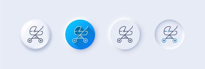 Fototapeta premium Baby carriage line icon. Neumorphic, Blue gradient, 3d pin buttons. Stroller trolley sign. Pram buggy symbol. Line icons. Neumorphic buttons with outline signs. Vector