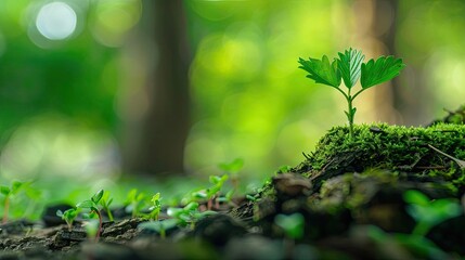 A small plant sprouting from moss-covered soil, symbolizing new beginnings and growth in a vibrant, lush green forest environment.