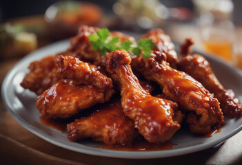 Close up view of delicious hot chicken wings with sauce
