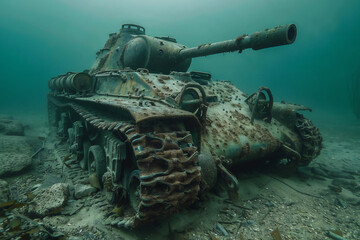 A rusted army tank is sitting on the bottom of the ocean. 