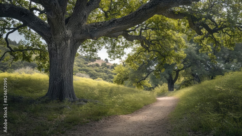 Aufkleber scenic nature pathway through lush greenery with large trees and sunlight filtering through, ideal f