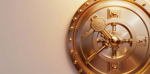 3D render of a golden bank vault door with a key on a white background in a top view.