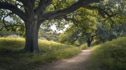 Fototapeta premium Scenic nature pathway through lush greenery with large trees and sunlight filtering through, ideal for relaxation and exploration.