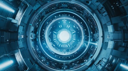 Futuristic sci-fi tunnel with glowing blue lights and intricate machinery, perfect for tech, space, and innovation-themed projects.