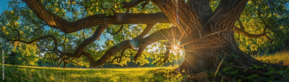 Poster majestic oak tree with sprawling branches and sun rays peeking through, creating a serene and peacef