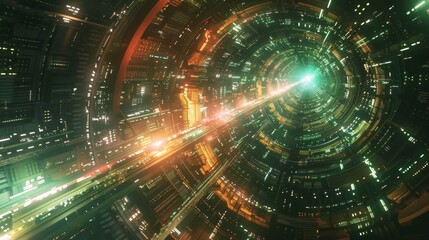 Obraz premium Futuristic tunnel with vibrant lights and glowing center, depicting a sci-fi cyberpunk world with neon details and digital elements.