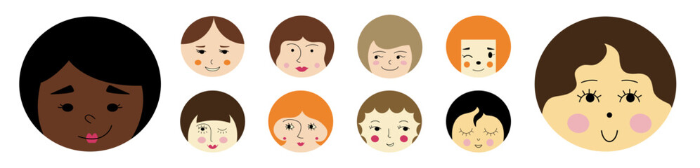 Different mascots, young girlish faces. Creative shapes, various emoticons, women guise. Vector cartoon illustration.