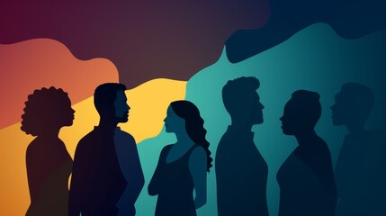 Silhouette heads group of international people talking. Diversity people.Speech bubble. Communication. Communicate on social networks. Racial equality. Ethnicity. Editable template. Poster