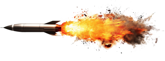 A missile rocket with fire trail isolated on the transparent background