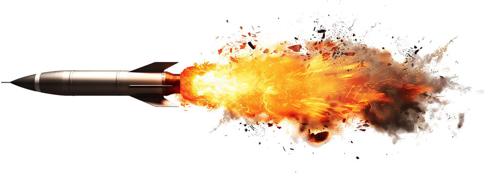 A missile rocket with fire trail isolated on the transparent background