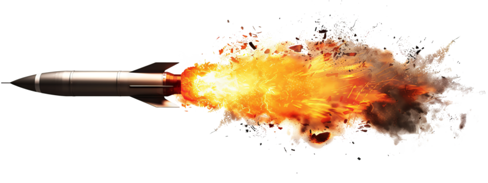 A missile rocket with fire trail isolated on the transparent background