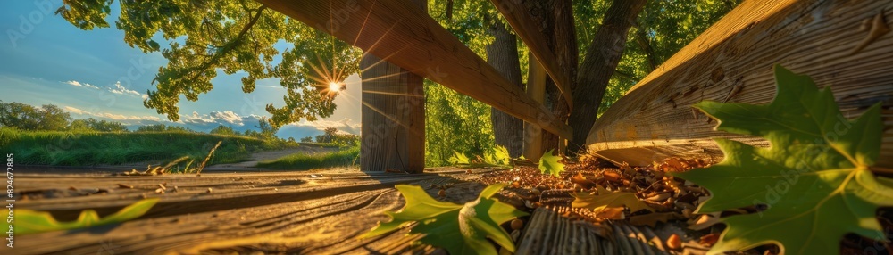 Poster a close-up of green leaves on an old wooden table with a large tree in the background under a bright