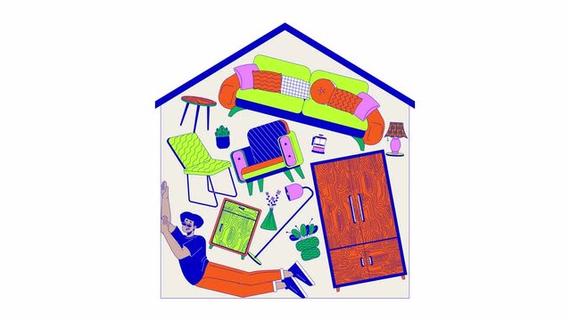Unhappy latin man under excess home stuff line cartoon animation. Hoarding disorder 4K video motion graphic. Household belongings owner 2D linear animated character isolated on white background