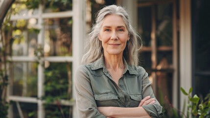 Fototapeta premium Happy middle-aged lady posing outside her residence.