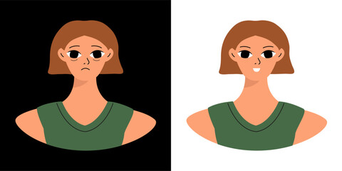 Concept of emotions before and after. Cartoon cute girlish face. Woman with a sad and joyful face. Isolated vector.