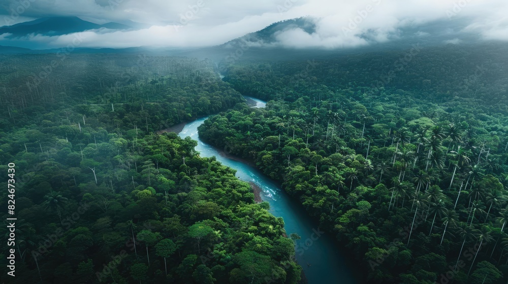 Poster aerial view of a winding river flowing through dense, mist-covered rainforest with distant mountains