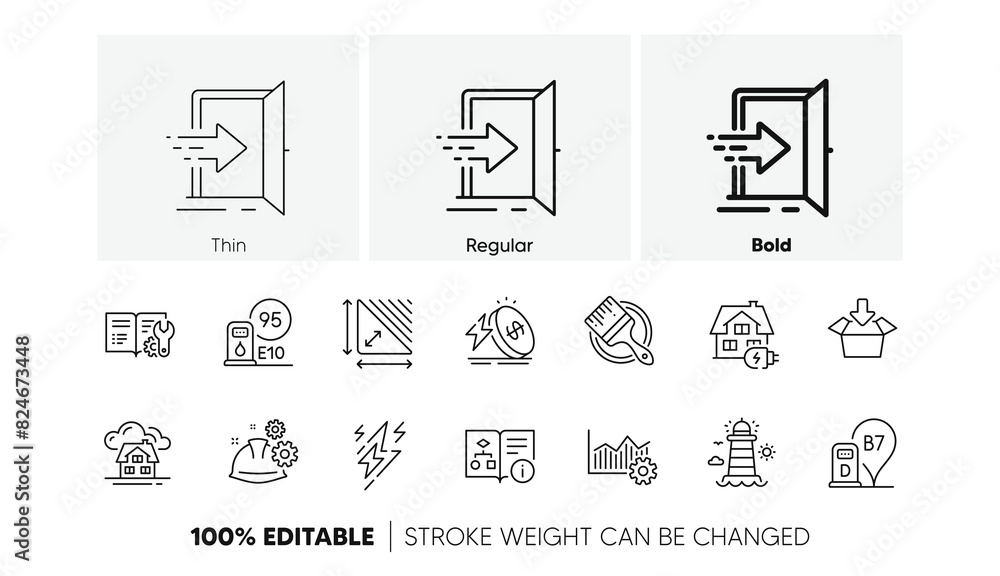 Poster working process, building and petrol station line icons. pack of energy price, technical algorithm, 