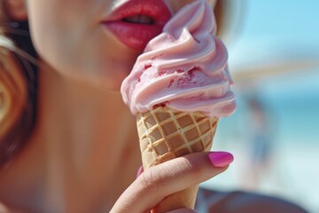 A close-up of the mouth of a young woman eating ice cream