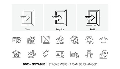 Working process, Building and Petrol station line icons. Pack of Energy price, Technical algorithm, Operational excellence icon. Entrance, Lightning bolt, Engineering documentation pictogram. Vector