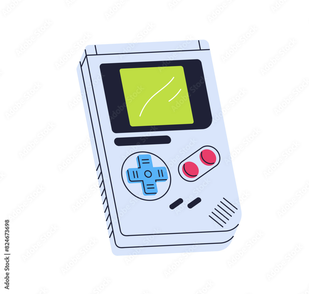 Aufkleber Game controller, 90s mobile gamepad. Retro nostalgic 1990s gaming console with screen. Portable gaming device with buttons and display of 90s. Flat vector illustration isolated on white background