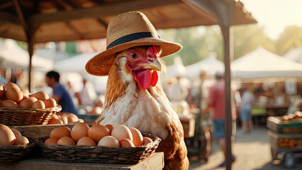 Chicken with straw hat selling fresh eggs on farmer's market