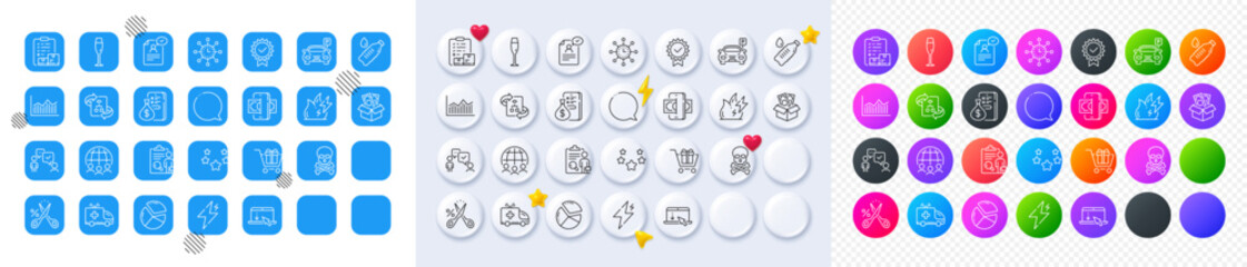 Power, Fire energy and Champagne glass line icons. Square, Gradient, Pin 3d buttons. AI, QA and map pin icons. Pack of Money, Chemical hazard, Global business icon. Vector