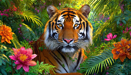 Fierce tiger in exotic tropical forest