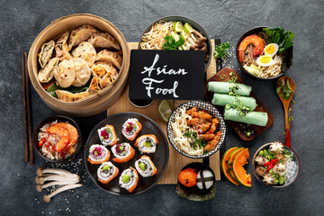 Chinese cuisine dishes on table. Asian food concept.