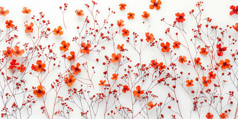 A white background, red and orange small flowers pattern. Generative AI.