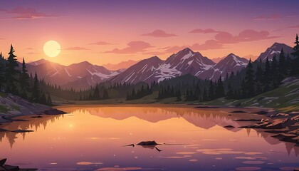Fototapeta premium Sunset Over Subalpine Lake Vector Art Background