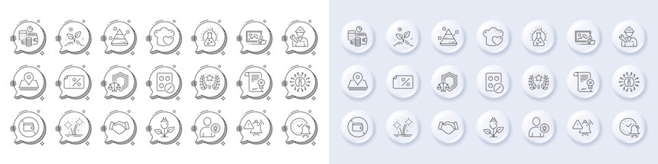Love cooking, Attention bell and Chemistry lab line icons. White pin 3d buttons, chat bubbles icons. Pack of Eco power, Budget accounting, Repairman icon. Vector