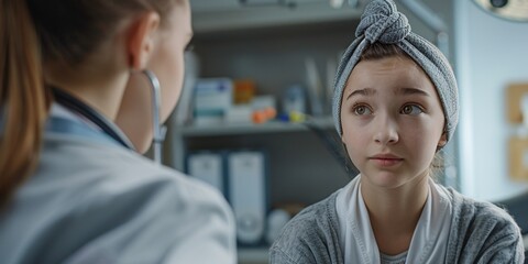 Obraz premium Adolescent cancer patient consulting with physician. Oncologist caring for young woman with tumor and offering mental assistance, easing her distress and sadness.