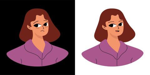 Concept of emotions before and after. Cartoon cute girlish face. Woman with a sad and joyful face. Isolated vector.
