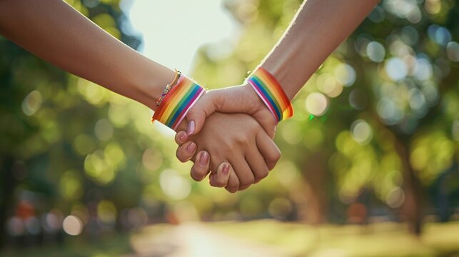 Two young men wearing matching rainbow bracelets holding hands at a pride parade with a vibrant crowd in the background