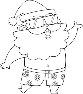 recommend clip art: Outlined Happy Summer Santa Claus Cartoon Character Waving For Greeting. Vector Hand Drawn Illustration Isolated On Transparent Background