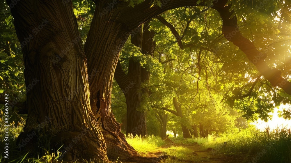 Poster sunlight filtering through lush green trees in a serene forest path, creating a peaceful and magical