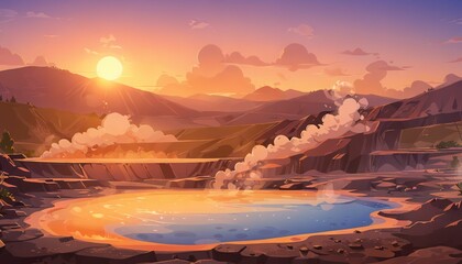 Golden Hour Over Geothermal Hot Spring Vector Art Background