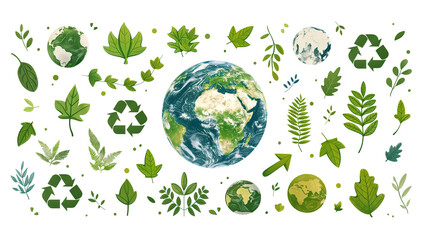 Celebrating Earth Day With a Collection of Green Leaves and Recycle Symbols