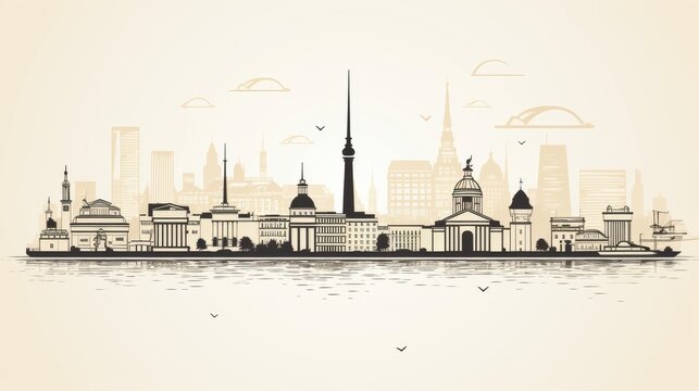 cityscape skyline silhouette sepia tone art clip art preview