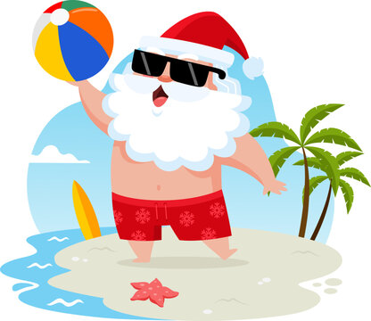 Summer Santa Claus Cartoon Character Holding An Inflatable Ball On The Beach. Vector Illustration Flat Design Isolated On Transparent Background