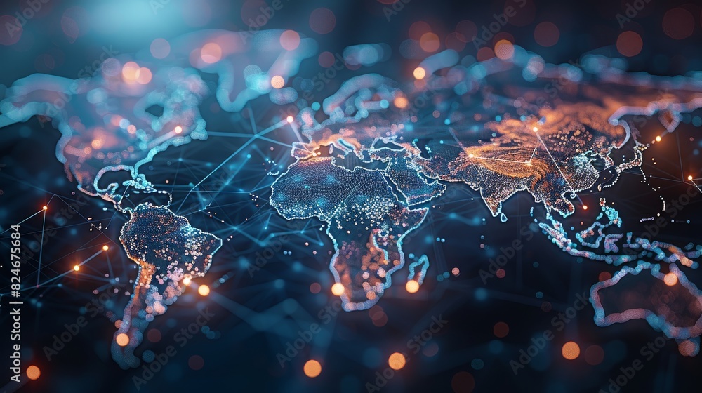 Poster international data transfer, information exchange, cyber technology, abstract world map, concept of 